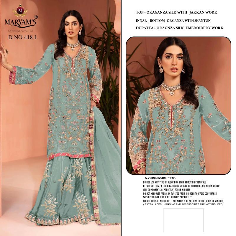 MARYAMS M418 Special Edition Oragnza Silk Embroidery Pakistani Suits Wholesale Catalog