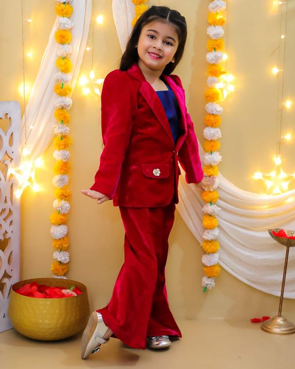Sabella girl Coat pattern and bell bottoms pant with sleeveless top co-ord set Wholesale Catalog