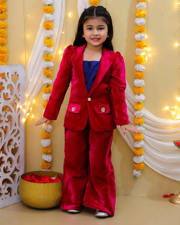 Sabella girl Coat pattern and bell bottoms pant with sleeveless top co-ord set Wholesale Catalog