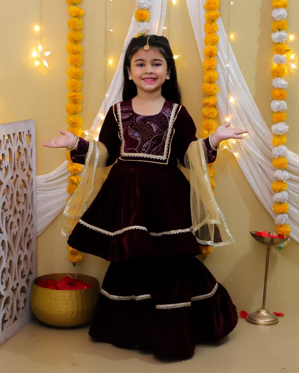 Sabella marron vine velvet Yog work lining freel kurti and sharara freel pattern Wholesale Catalog