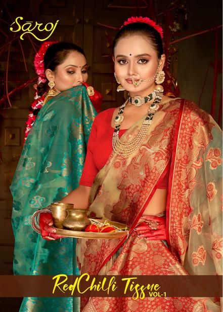 Saroj Red Chilly Tissue vol.1Tissue organza silk saree  in surat with price wholesale 
