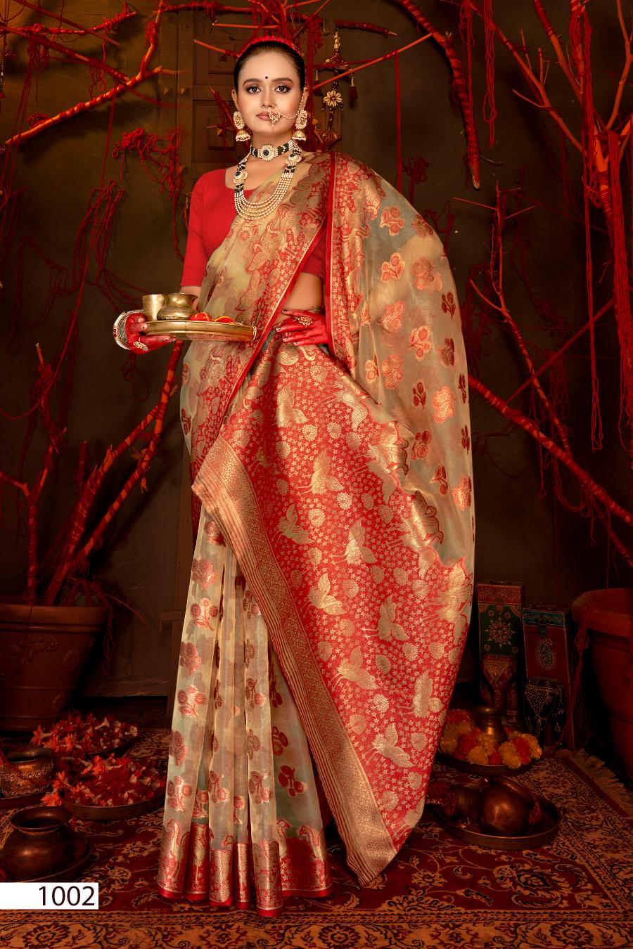 Saroj Red Chilly Tissue vol.1Tissue organza silk saree  in surat with price wholesale 