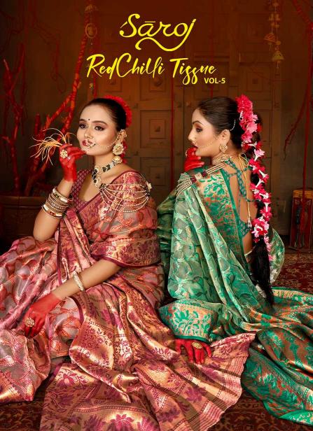Saroj Red Chilly Tissue vol.5 Tissue organza silk saree  in surat with price wholesale