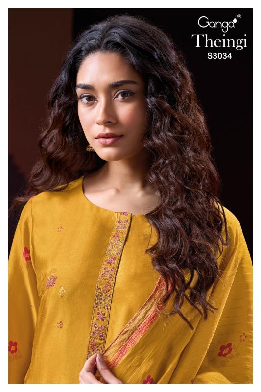 Ganga Theingi 3034 Premium Pure Bemberg Russian Silk Salwar Kameez Wholesale Catalog 