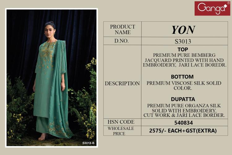 Ganga Yon 3013 Premium Pure Bemberg Salwar Kameez Wholeslae Catalog