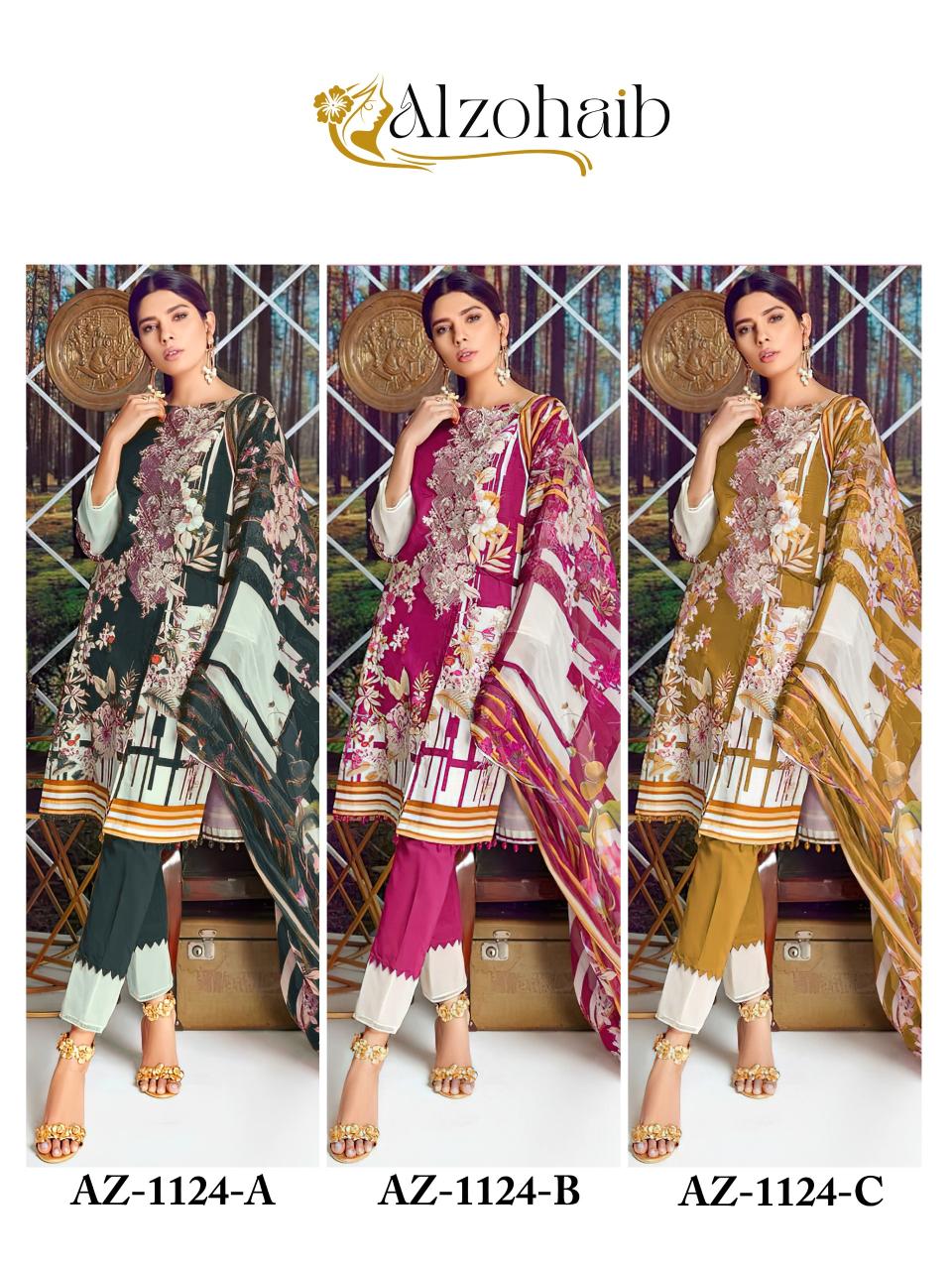 Alzohaib Az 1124 A To C Catalog Cotton Dupatta suit design for pakistani