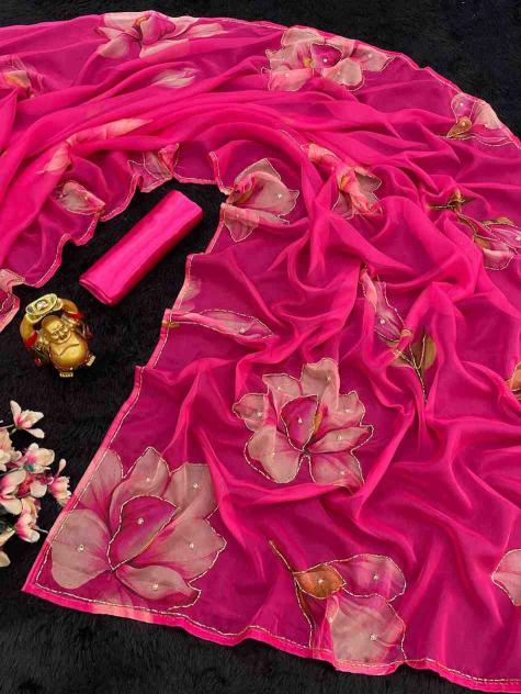 Dazira Kc 854 Catalog Beautiful Flower Printed Organza Silk fab india pink saree