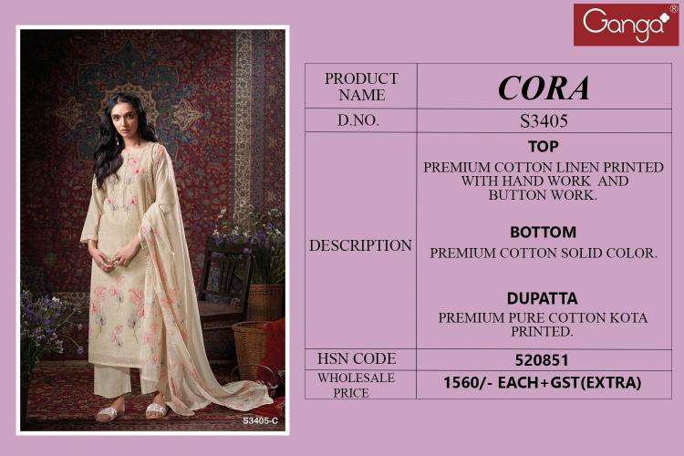 Ganga Cora 3405 catalog wholesale pure linen salwar kameez