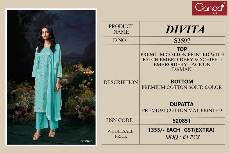 Ganga Divita 3597 catalog wholesale unstitched salwar kameez material