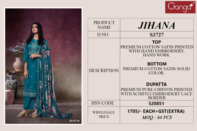 Ganga Jihana 3727 catalog unstitched salwar kameez wholesale pakistan