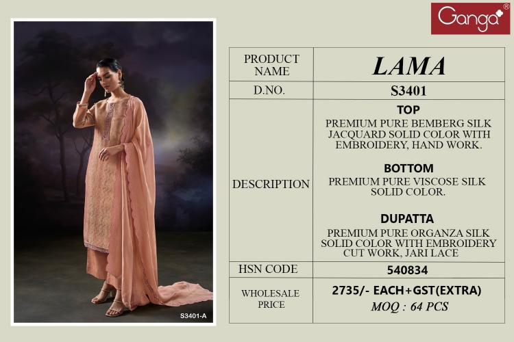Ganga Lama 3401 catalog unstitched heavy salwar kameez in jaipur wholesale