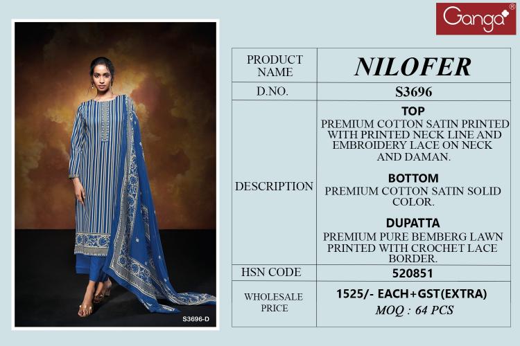 Ganga Nilofer 3696 catalog salwar kameez material wholesale