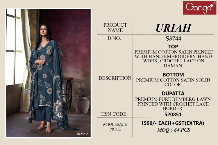 Ganga Uriah 3744 catalog designer salwar kameez wholesale in surat