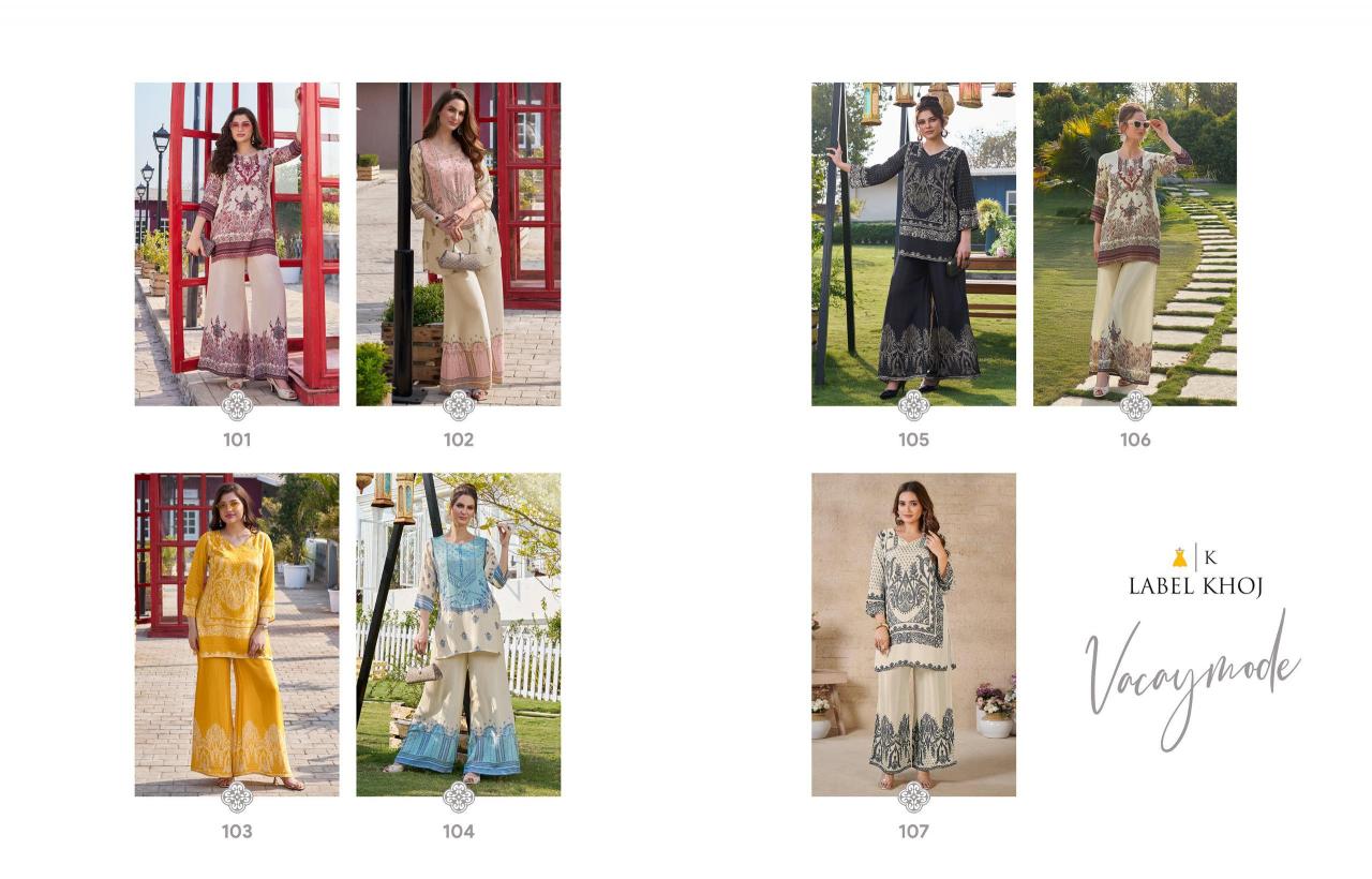 Label Khoj Vacay Mode catalog modest co ord sets pakistan style replica