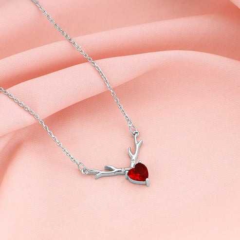 Nitya 925 Silver Deer Heart in Red Necklace