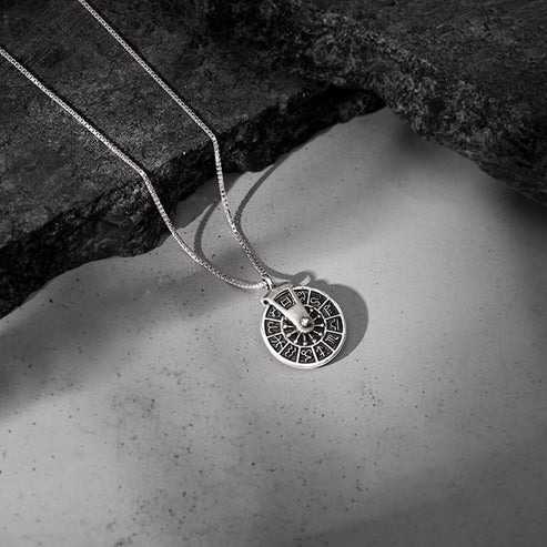 Nitya Oxidised Silver Zodiac Spin Pendant With Box Chain For Him